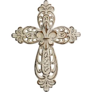 Comfy Hour 12" White Cross for Wall Decor, Rustic Antique Vintage Style Religious Plaque, Victorian Hollow Out Resin Wall Art for Home Sanctuary, Distressed White