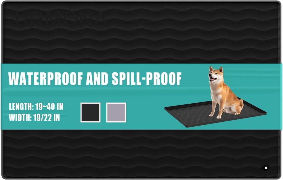 URMONA 19" x 19" Silicone Pet Feeding Mat, Dog Cat Food and Water Mat, Waterproof Raised Edge Cat Litter Box Tray, Rubber Pets Accessories, Puppy Kitty EssentialsBlack