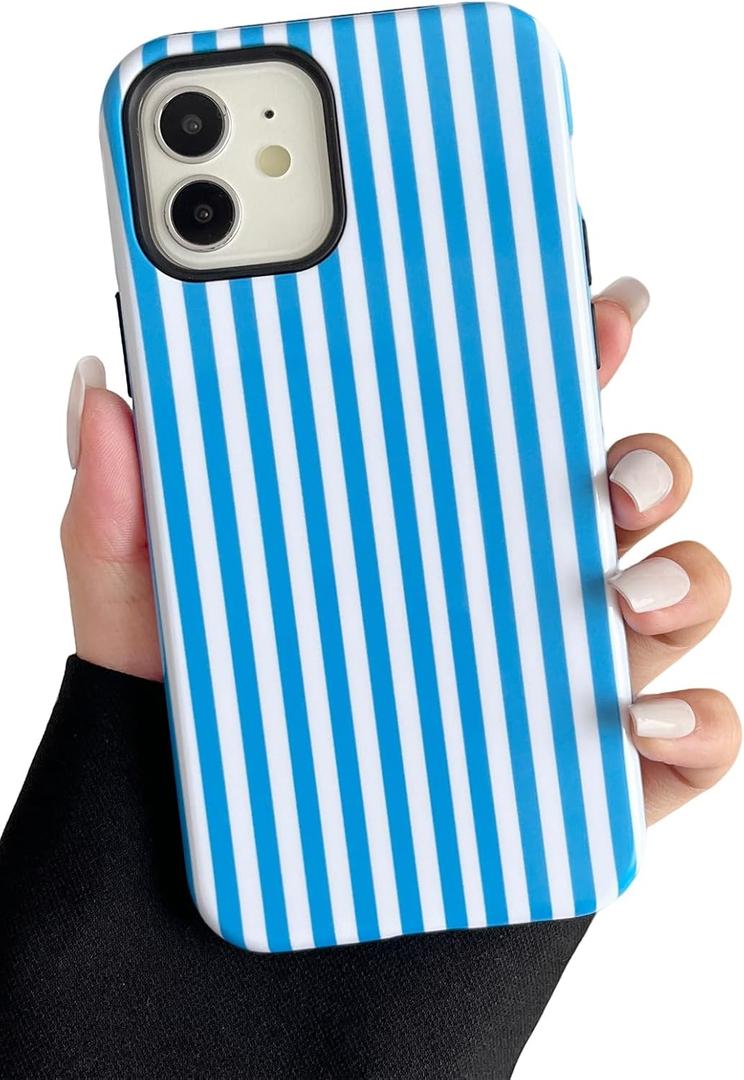 Compatible with iPhone 12/12 Pro Case Cute Aesthetic Striped Phone Case for Women Girl Shockproof Slim TPU and Hard PC Protective Cover (Blue)