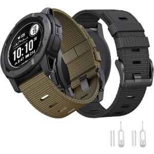 for Garmin Instinct Watch Band, Rugged Nylon Replacement Strap for Instinct 2 Instinct 3 45mm, Compatible with Garmin Instinct Solar, Tactical, Tide Esports, Sport Outdoor Work Use Replacement Band (2 Pack Black+Khaki (Black Buckle))