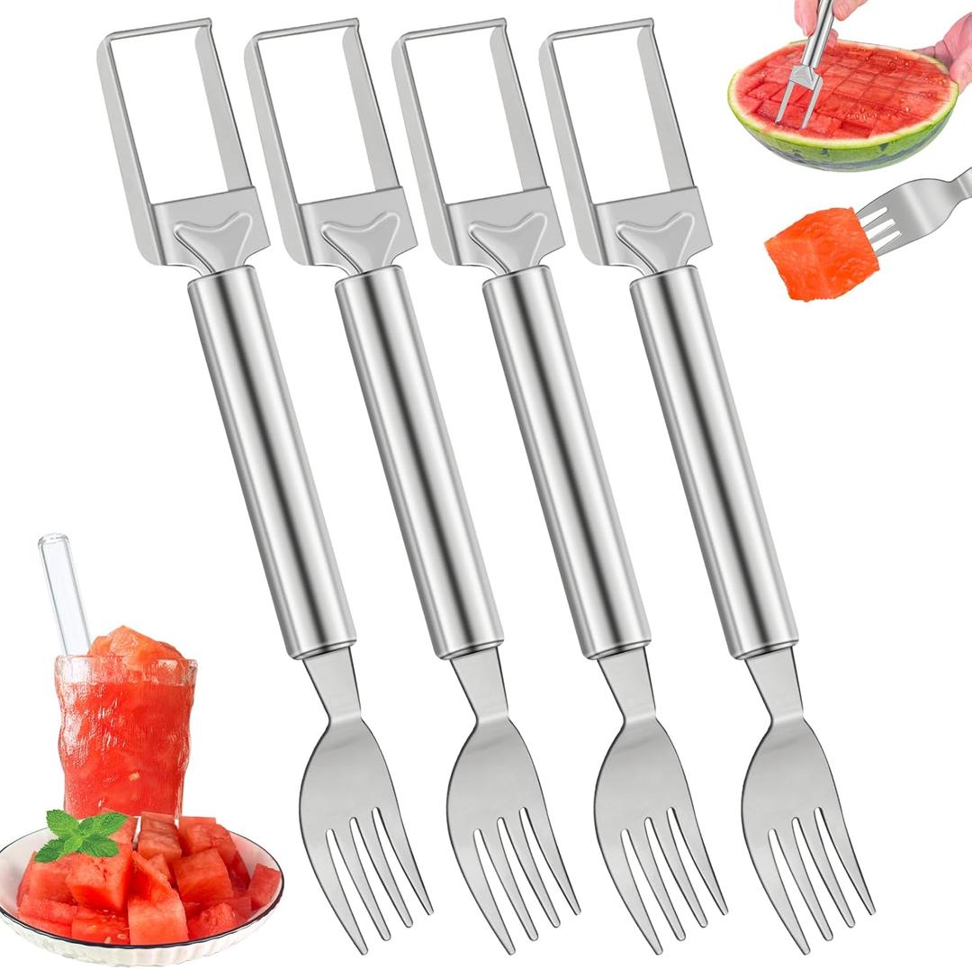 2-in-1 Watermelon Slicer & Fork – 4-Pack Stainless Steel Fruit Cutter Tool for Watermelon, Mango, Pitaya – Portable for Camping, Picnics, Home, Parties – Effortless Cubes & No Mess