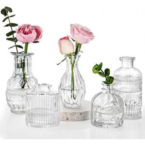 Fixwal Set of 5 Bud Vases, Small Vase for Flowers, Glass Vase for Home Decor, Wedding Decorations, Clear Flower Vases for Centerpieces, Vintage Vase for Home Decor