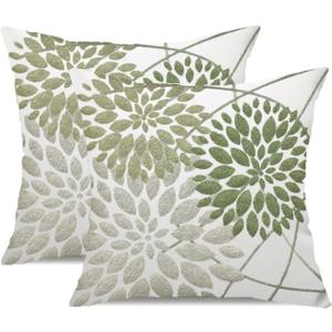Sage Green Pillow Covers 20x20 Inch Set of 2, Geometric Floral Throw Pillow Covers Elegant Gray Decorative Dahlia Farmhouse Velvet Pillow Case for Sofa Bed Decor