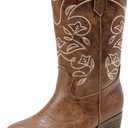 Cowgirl Boots for Girls Mid Calf Youth Girl Cowboy Western Boots Pointed Toe Embroidered for Horse Riding Country Party Toddler Little Big Kids (Brown)