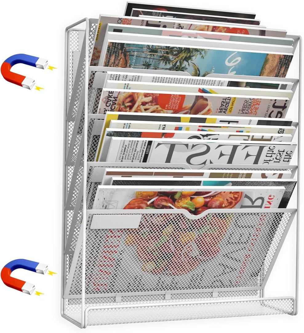 6 Tier Magnetic File Holder, No Drilling Installation File Cabinet Organizer,Black Magnetic File Holders, Magnetic Paper Holder for Refrigerator,File Cabinets, Whiteboard, White