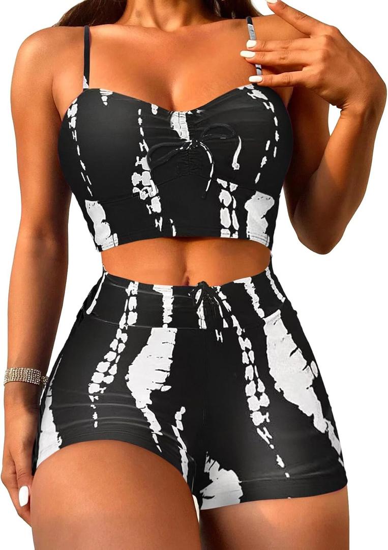 Lilosy Drawstring High Waisted Bikini Set Srting Swimsuit Spaghetti Strap Cami Top and Tie Side Shorts 2 Piece (Large, Black White)