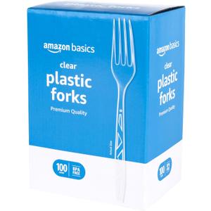 Amazon Basics Disposable Clear Plastic Forks, Premium Quality, 100 Count, Large Pack