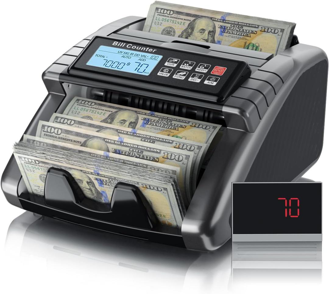 LOLARAN AL1000 Money Counter Machine with Value Counting, Support Dollar and Euro, UV, MG, MT, IR, DD Counterfeit Detection, Cash Counter with LCD Display, Batch and Add, 1,000 Notes/Min