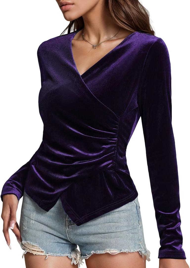 Women's Velvet Wrap Top, Wrap V Neck Ruched Asymmetrical Long Sleeve Slim Fit Dressy Blouse (Large, Purple)