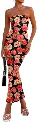 PRETTYGARDEN Women's 2026 Summer Floral Bodycon Maxi Dresses Ribbed Strapless Tube Casual Boho Party Long Dress M