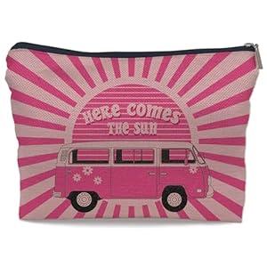 Ayxvt Here Comes the Sun Retro 70s Hippie Orange Bus Sunshine Ray Cosmetic Bag Decorative Women's Makeup Bag Zipper Pouch Travel Toiletry,Birthday Gifts for Teen Girls (Blue)