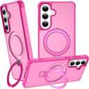 Magnetic Compatible with Samsung Galaxy S25 & S24 Case with Stand [Military Grade Drop][Compatible with Magnet] Ring Holder Translucent Slim Hard Back Soft Edge, Rose Red