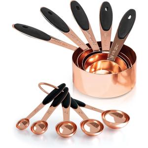 Joyhill Copper Measuring Cups and Spoons Set of 10 Piece, Stainless Steel Nesting Measuring Cup Set with Soft Touch Silicone Handles for Dry and Liquid Ingredients (e)Rose gold-Black)