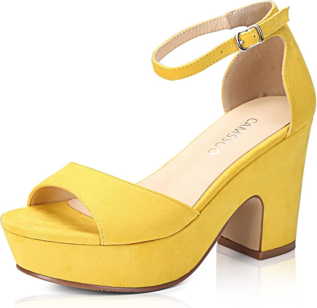 CAMSSOO Platform Heels for Women Chunky Heel Open Toe Ankle Strap Suede Wedges Sandals Wedding Office Dress Shoes (10)