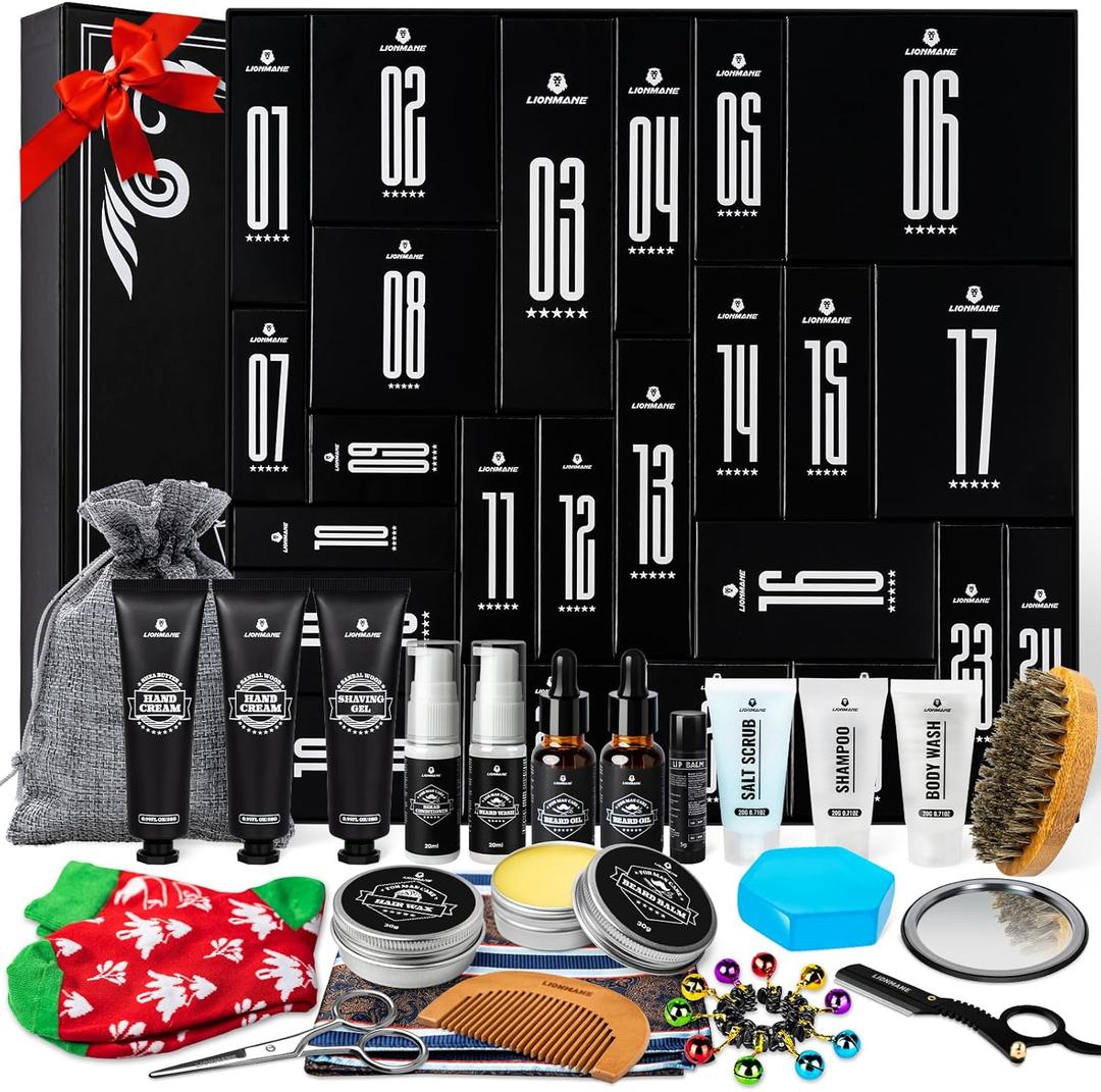 Mens Advent Calendar Gift Set, Lionmane Beard Care Set 2025 Advent Calendar Countdown Gifts, 24 Days Christmas Gift for for Adult Men Father Boyfriend Grandpa Husband, Xmas Holiday Surprise Gifts