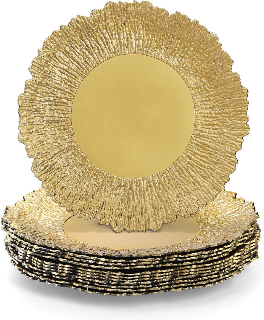 Coloch Set of 12 Plastic Gold Charger Plates, 13" Reusable Reef Serving Charger for Dinner Plate Round Shiny Decorative Charger Plate for Wedding, Catering, Parties, Restaurant, Home Dinner Use