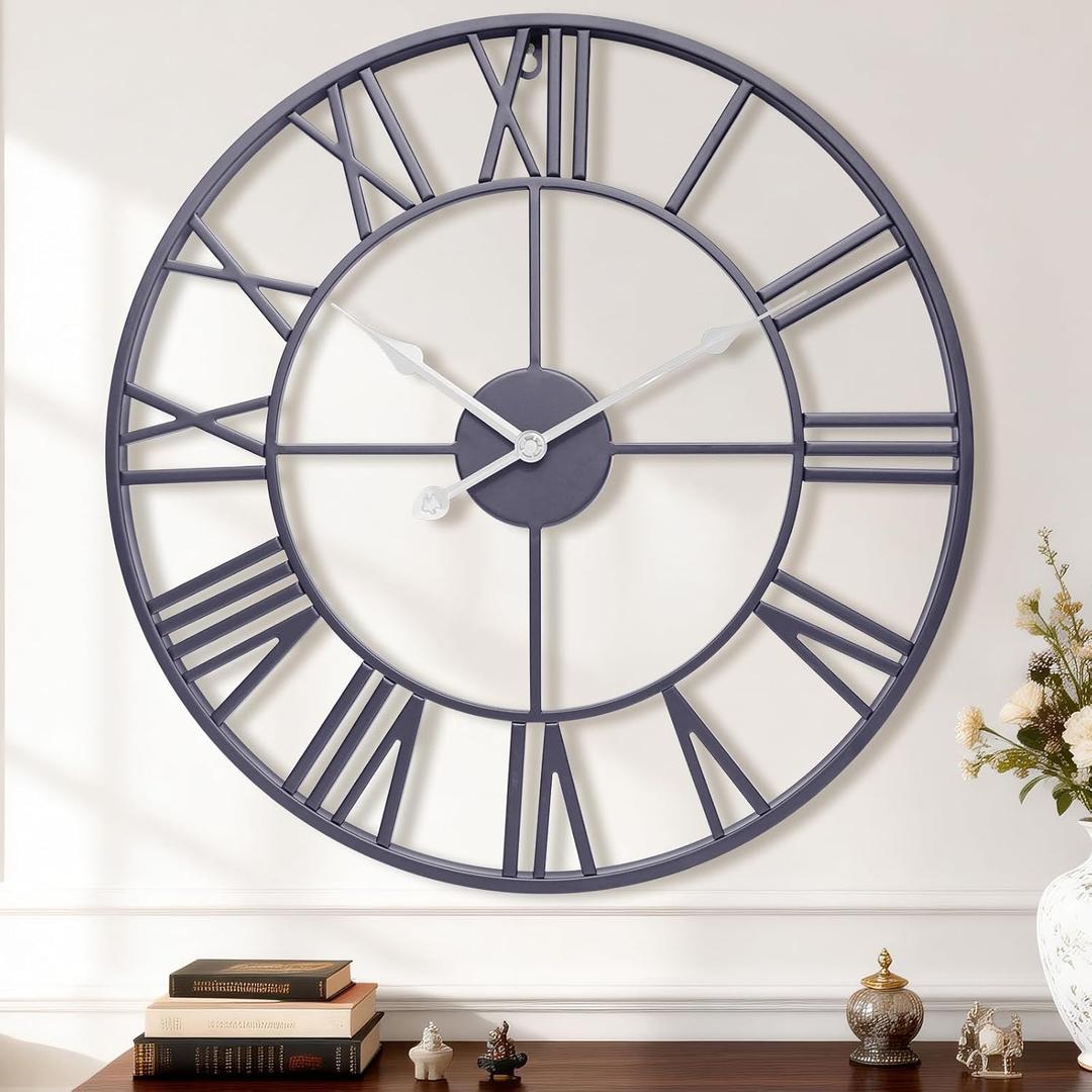 14 Inch Large Wall Clock, Modern Decorative Slate Gray Metal Silent Battery Operated Big Roman Numeral Wall Clock for Living Room,Bedroom,Kitchen,Office, Farmhouse,Housewarming Gift
