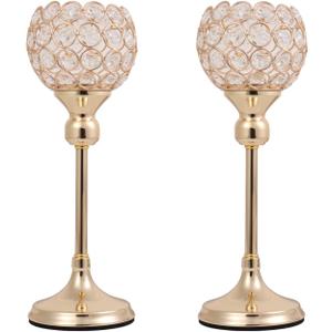Vidisan Gold Crystal Tealight Candle Holders, Set of 2,Pillar Candle Holders Table Centerpieces for, Wedding, Home DecorParty Housewarming Gift (Gold11.8"&11.8")