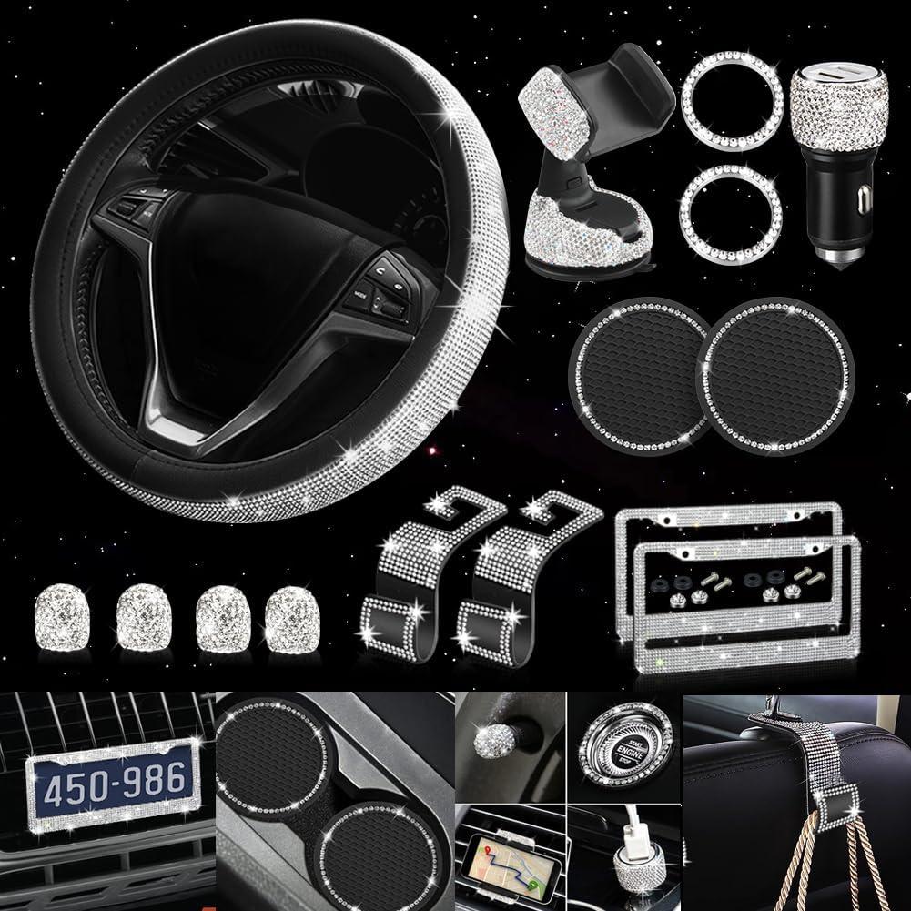 Diamond Bling Steering Wheel Cover for Women Universal Fit 15 Inch, 2 Glitter Rhinestone License Plate Frames, Crystal Car Seat Hooks for Purses Handbags, 15 Bling Car Accessories for Women (White)