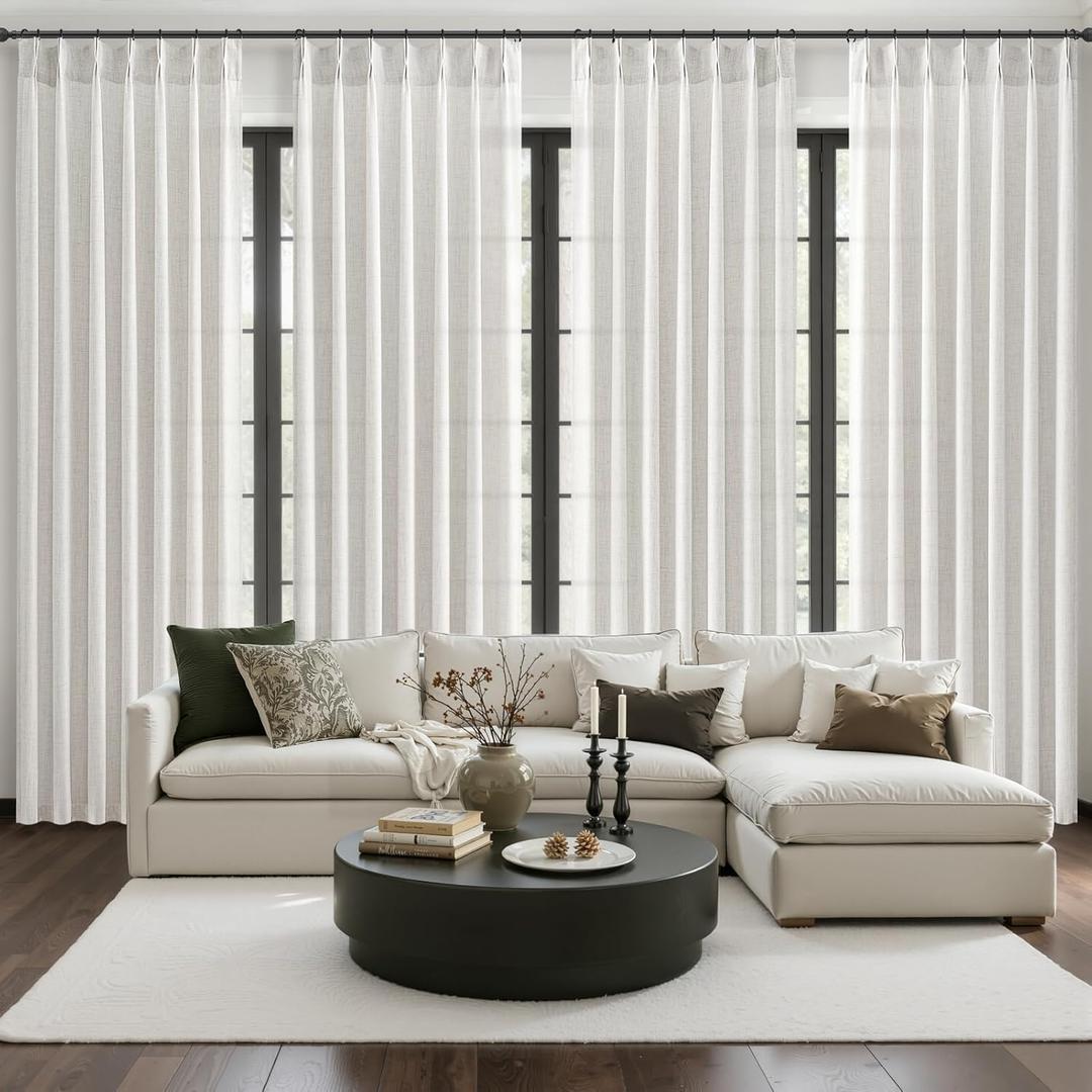 Off White Pinch Pleated Natural Linen Sheer Living Room Curtains 96 Inches Long 4 Panels Set, Memory Trained Light Filtering Farmhouse Curtain & Drapes for Sliding Glass Doors Hooks Rings Beige-White