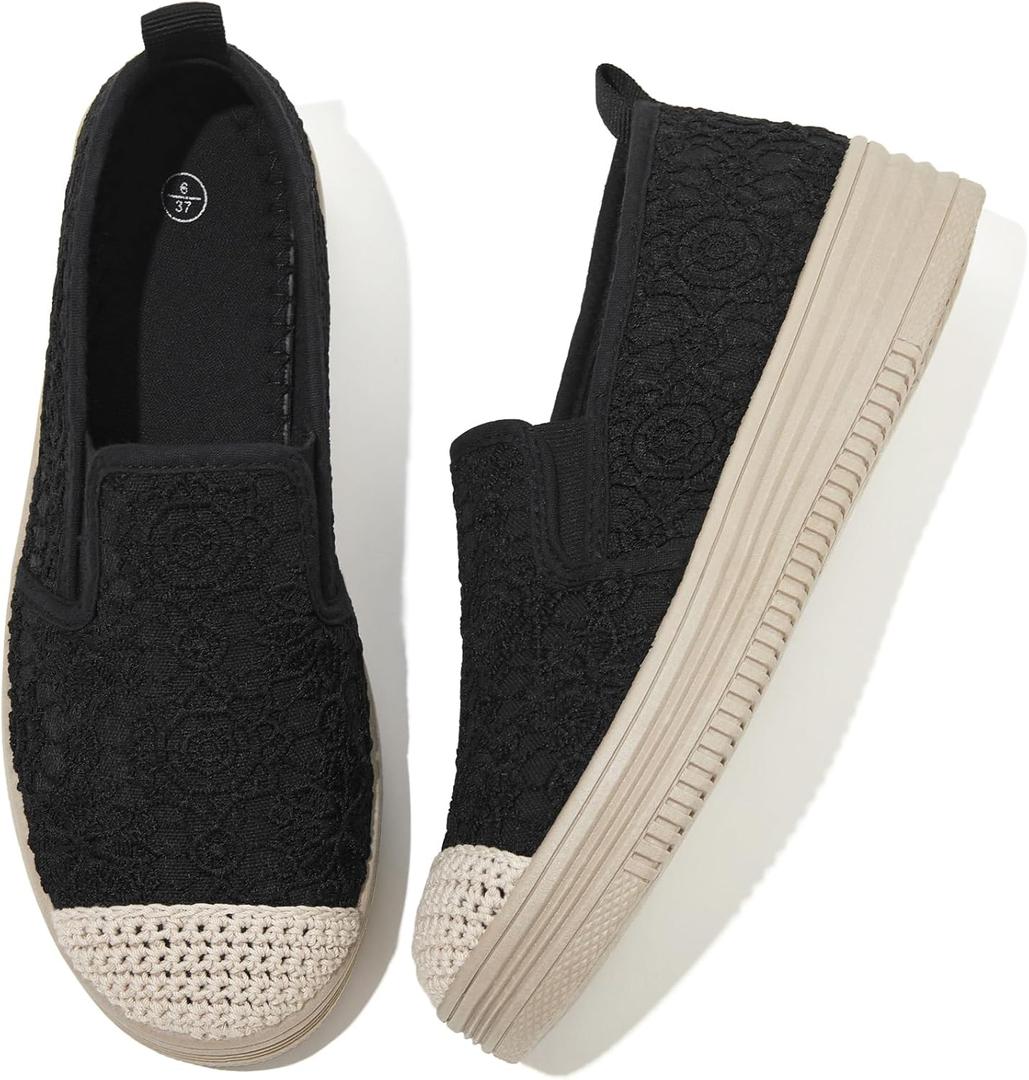 Shupua Womens Slip on Shoes Stylish Lace Casual Loafers Lightweight Platform Sneakers Comfortable Spring Flat Shoes for Office, Work (5, Black)