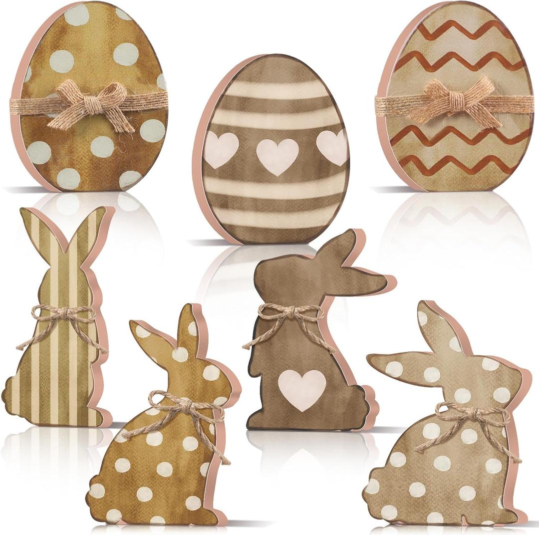 7 Pcs Easter Bunny Egg Decorations Rustic Rabbit Egg Wooden Table Signs with Bows Farmhouse Easter Tiered Tray Decor Vintage Bunny Tabletop Centerpieces for DIY Crafts Spring Holiday Party