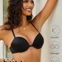 Women's Front Closure Bra Push Up Padded Add Cup Demi Plunge Bras with Underwire Lift T Shirt Smooth Bralette (Black)