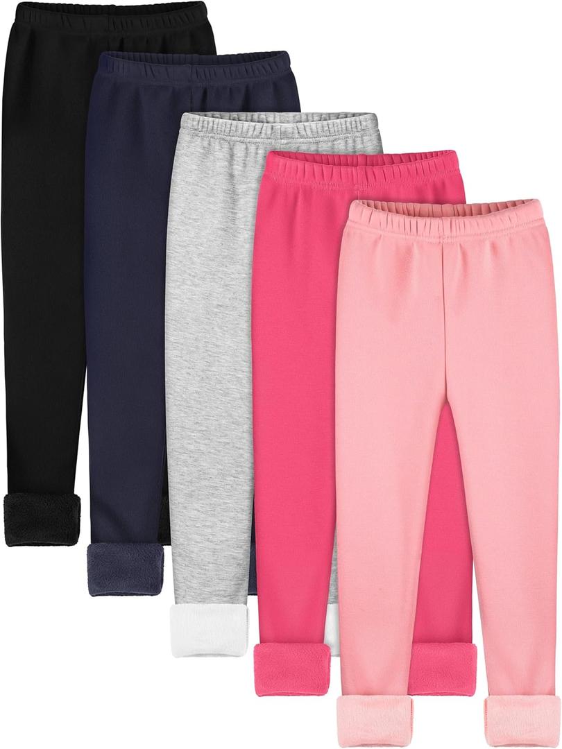 Resinta 5 Pack Girls Fleece Lined Leggings Winter Warm Soft Thermal Pants Full Length Multipack for Kids Cold Weather (7-8 Years, Black, Grey, Pink, Hot Pink, Navy)