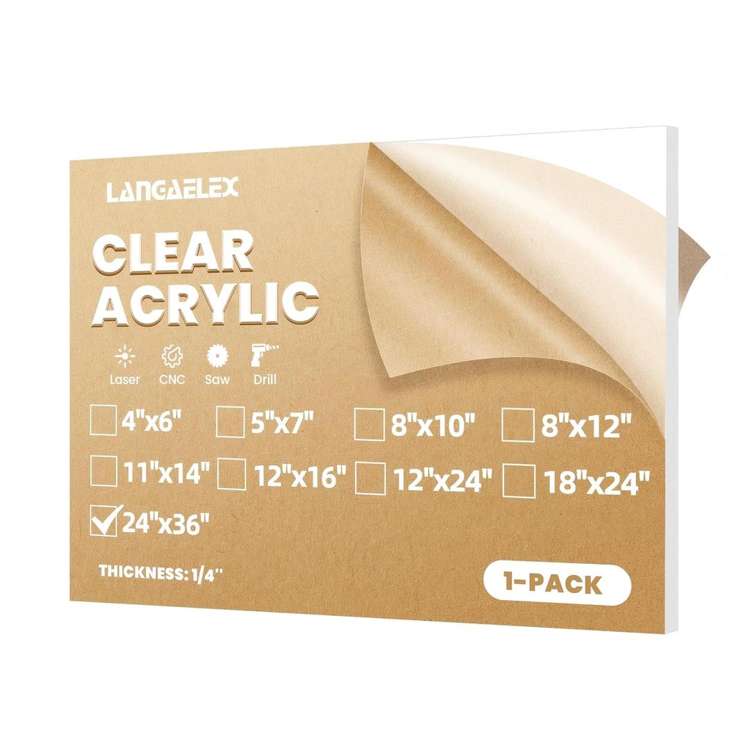 Plexiglass Sheets 1/4" (6mm) Thick - 1 Pack of 24x36 Clear Cast Acrylic Sheets for Laser Cutting, Signs, Glass Replacement, DIY and Crafts Project