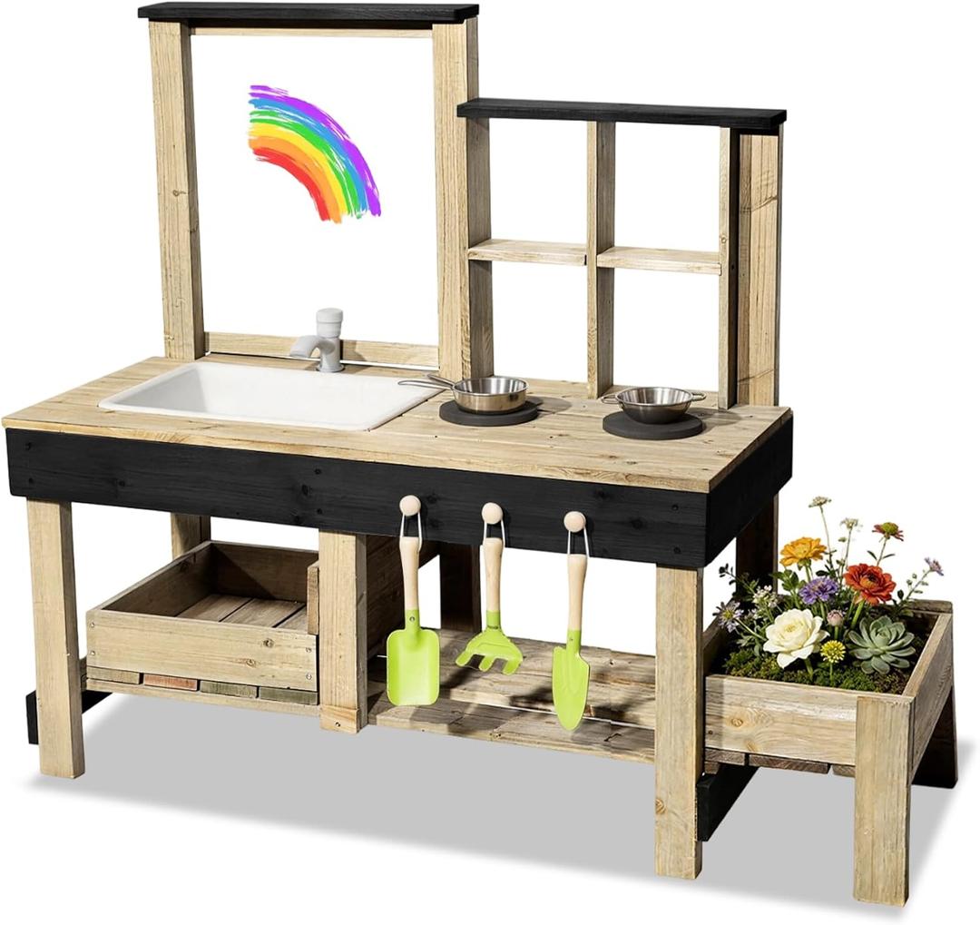 Mud Kitchen Playset for, Outdoor Wooden Toy Play Kitchen Set for Boys and Girls, Kitchen Accessories and Garden Sink with Faucet & Storage Shelves for Backyard Garden Toy (Black), 47.2 inches x 18.5 inches x 39 inches