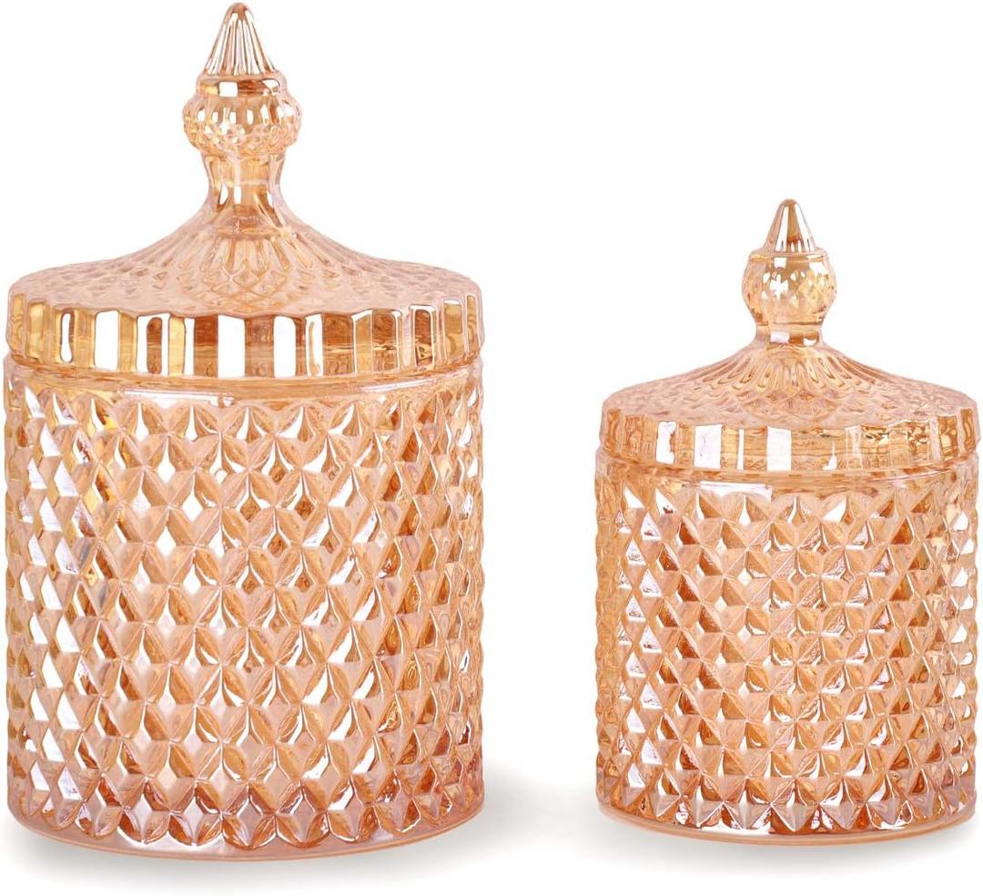 R FLORY 2 Pack Qtip Holder Glass Apothecary Jars with Lids Bathroom Storage Organizer for Cotton Swabs, Balls, Pads, Floss Picks, Vanity Storage Containers for Makeup, Candy, Jewelry (10+24oz, Amber)