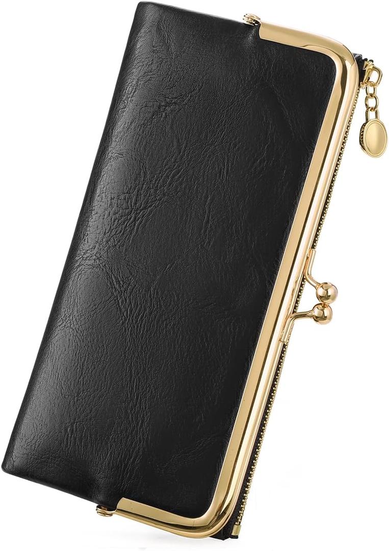 GOIACII Womens Wallet Ladies Vintage Billfold Compact Card Holder Long Zip Clutch Purse with Kiss Lock Black