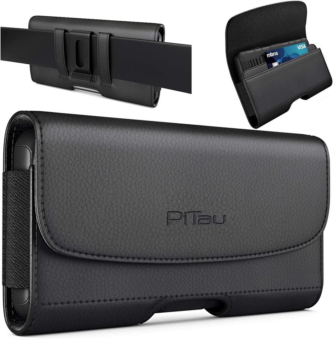PiTau Phone Belt Case for iPhone 17 16 16e 15 14 13 12 11 Xs X XR (Including Pro Models), Cellphone Holster Clip Pouch, ID/Credit Card Holder, Fits with Otterbox Cover on, Black