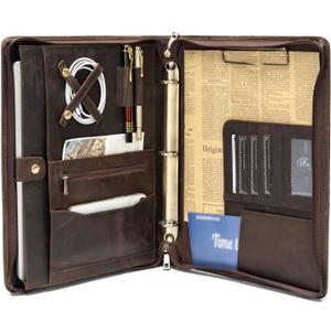 YIWEN Handmade Genuine Leather Portfolio, Zippered Padfolio with 3 Ring Binder, Professional Business Organizer, Resume Folder, Notebook Organizer with Tablet (Non-Custom, Dark Khaki)