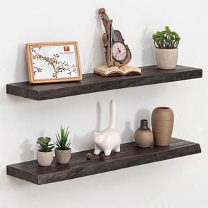 Fun Memories Floating Shelves for Wall Set of 2, Rustic Solid Elm Wood Live Edge Wall Shelves 32 Inch - Invisible Bracket Mount for Living Room, Bathroom, Bedroom, Kitchen, Walnut