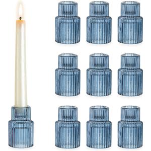 Hewory Glass Candlestick Candle Holder: 10PCS Blue Glass Taper Candle Holders for Table Centerpiece, Vintage Tapered Candlestick Holders for Christmas Centerpiece Wedding Party Holiday Home Decor