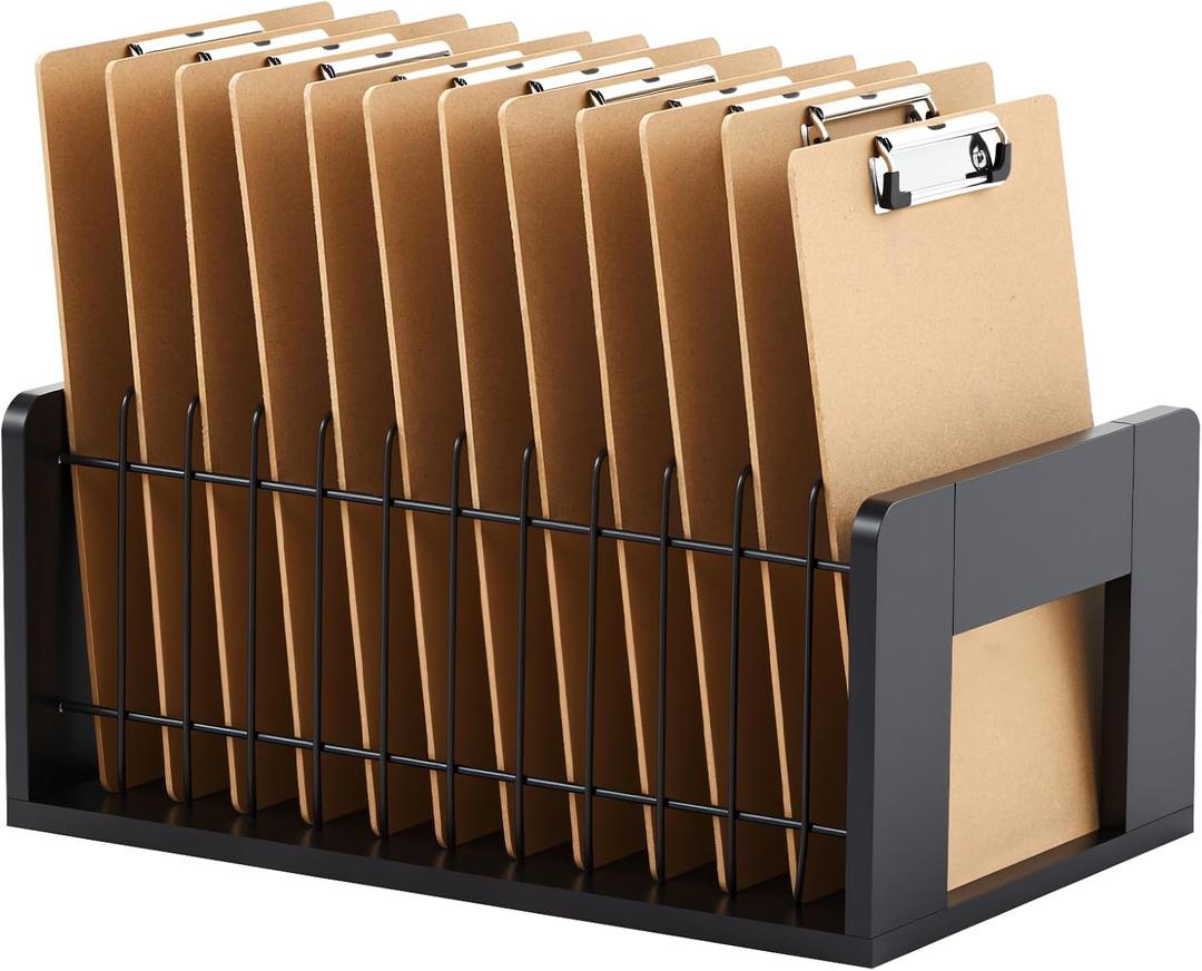 Geelin 1 Pcs Vertical Clipboard Holder, 12 Slot Wooden and Metal Clipboard Organizer, Desk File Organizer Storage Rack, Storage Stand Rack for Home, Office,No Assembly Required (Black)
