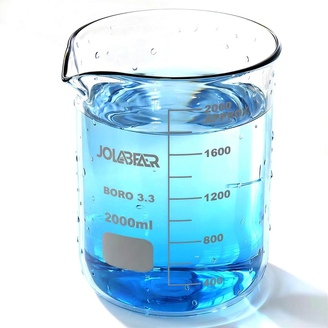 2000ml Durable Glass Beakers, 2L Laboratory Beaker with Printed Graduations, 3.3 Borosilicate, Low Form Design