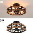 3-Light Rustic Farmhouse Wood Flush Mount Ceiling Light Fixture Oak Wood and Metal Cage Semi Flush Mount Ceiling Light for Hallway Hall Entry Bedroom Kitchen Farmhouse, Black