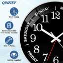 QINFIEY 12 Inch Day of Week Wall Clock, Non Ticking Modern Clocks Battery OperatedAnalog Day Clock for Seniors EldlyClassic for Office Home Classroom Bedroom School,Unique Gift Clock