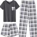 Ekouaer Women's 3 Piece Pajama Set Short Sleeve Sleepwear Pj Set Top and Shorts Pants Pjs with Pockets (Large, Light Gray Plaid)
