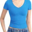PUMIEY Women's V Neck Short Sleeve T Shirts Slim Fit Going Out Tops Sexy Basic Tee Sharp Collection (Pool, S)