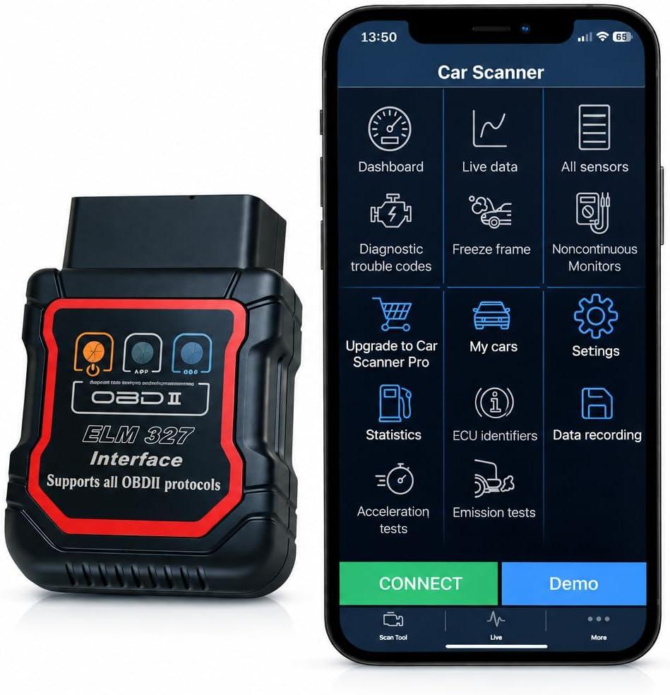 Bluetooth OBDII Scan Tool for iPhone & Android - No Subscription Fee - OBD2 Car Scanner and Code Reader - Diagnose Check Engine Fault, Supports 10 Languages and Most Cars After 1996