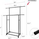 Black 48" W x 15" D x 65.5" H Double Rod Metal Rolling Clothes Rack