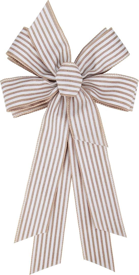 Meseey Large 24 x 10 Inch Natural Burlap White Rustic Ribbon Bow Farmhouse White Striped Wreath Bows for Christmas Door Wreath Home Decorations Tree Topper Party (White Striped) (PBCDBo23040022)