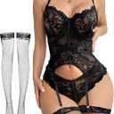 Alrovetoney Sexy Lingerie Set 4pcs Teddy Bodysuit With Bra And Panties & Thigh Highs Corset Bodysuit XS-3XL (Black, XXL)