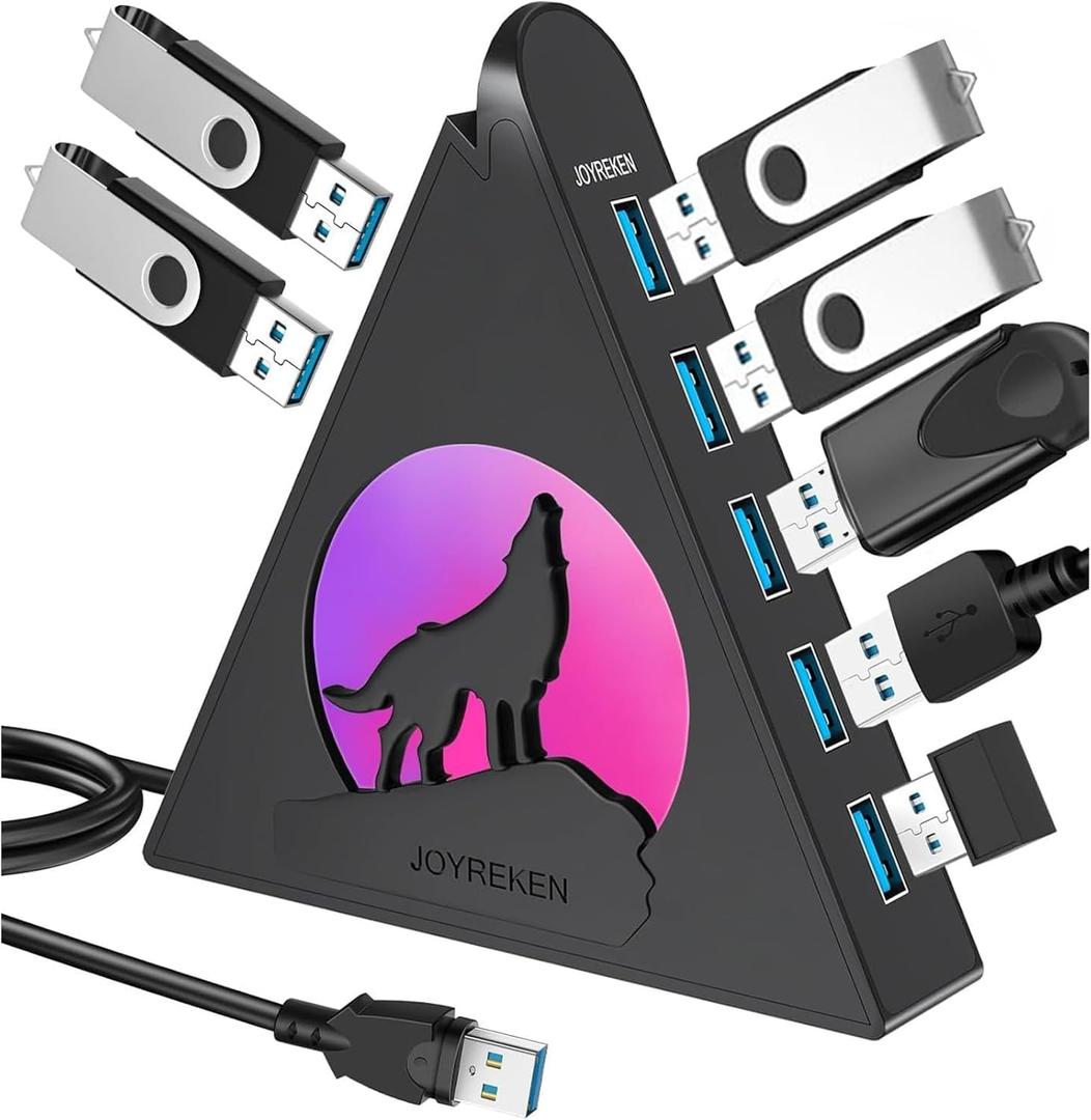 7-Port USB 3.0 Hub, Vertical USB Hub Splitter with RGB Lighting,5Gbps High-Speed Data Transfer and 2FT Extension Cable, Compatible with PC, MacBook, Laptop, PS5, Xbox, Flash Drive, Printer (Black)
