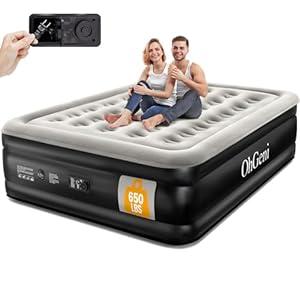 OhGeni Queen Air Mattress with Built in Pump, Inflatable Blow Up Mattress 18 Raised Comfort,Upgraded Surface Portable Mattress, Air Bed for Camping, Home and Guest, Colchone Inflable, 650 lbs Max (Black)