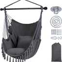 SUNCREAT Hammock Chairs Hammock Chair Swing with Steel Support Bar, Side Pocket, Large Swing Chair for Bedroom, Patio, Garden, Dark Gray