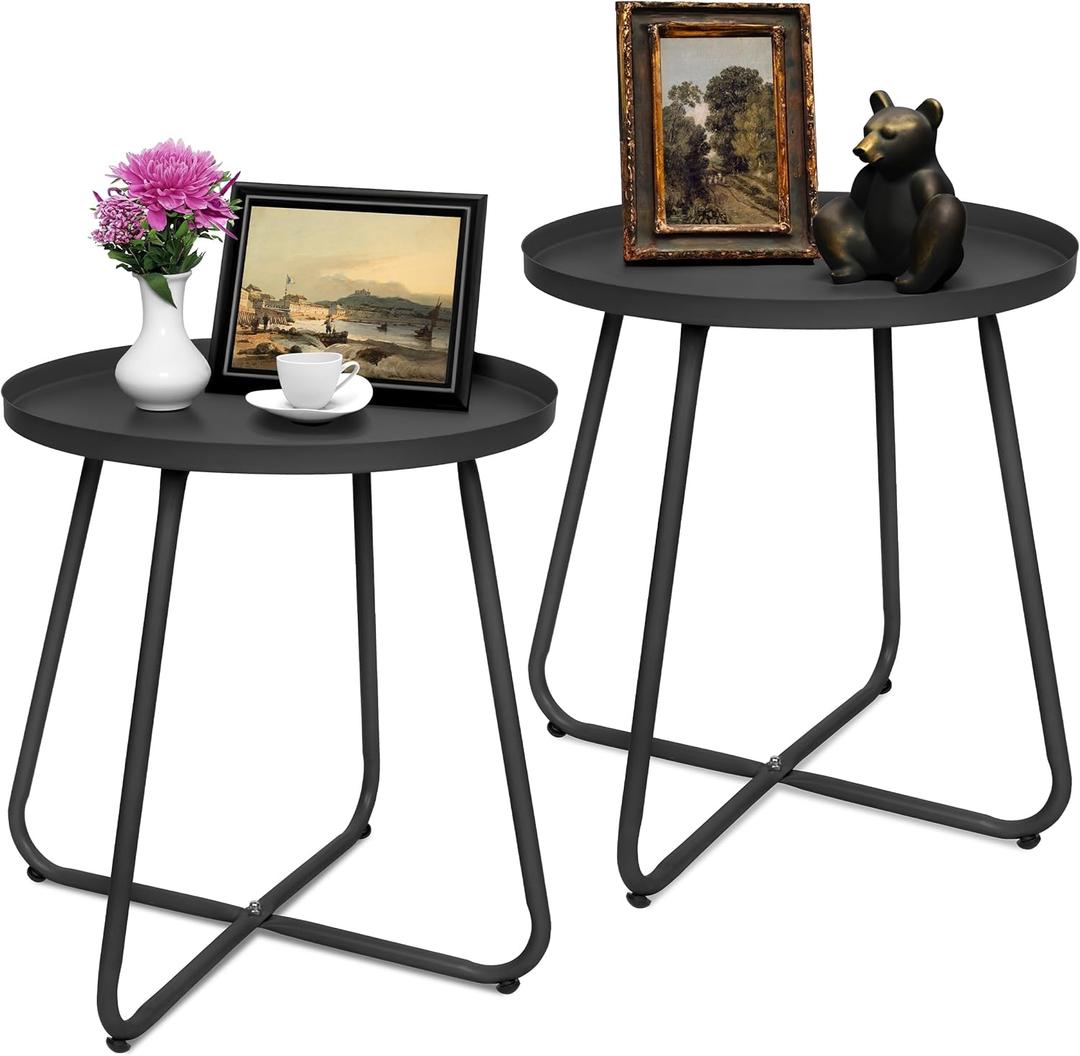 CODIN Set of 2 Outdoor Side Table Outdoor, Metal Side Table Small Round Side Table Weather Resistant End Table Patio Table for Garden Porch Balcony Yard Lawn (2, Black)